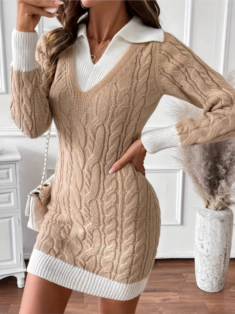 

Elegant Knit Patchwork Dress For Women Fashion Sexy Long Sleeve V Neck Package Hip Mini Dresses Lady Casual Holiday Clothes New