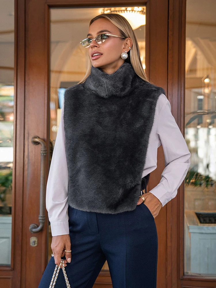 

Faux Fur Sleeveless Vest for Women High Neck Warm Waistcoat Fashion Streetwear Plush Fur Vest Autumn Winter Elegant Lady Top