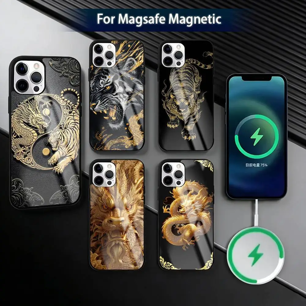 

Shiny Golden Dragon and Tiger Phone Case For iPhone17,16,15,14,13,12,11 Plus,Pro Magnetic For Magsafe Wireless Charging