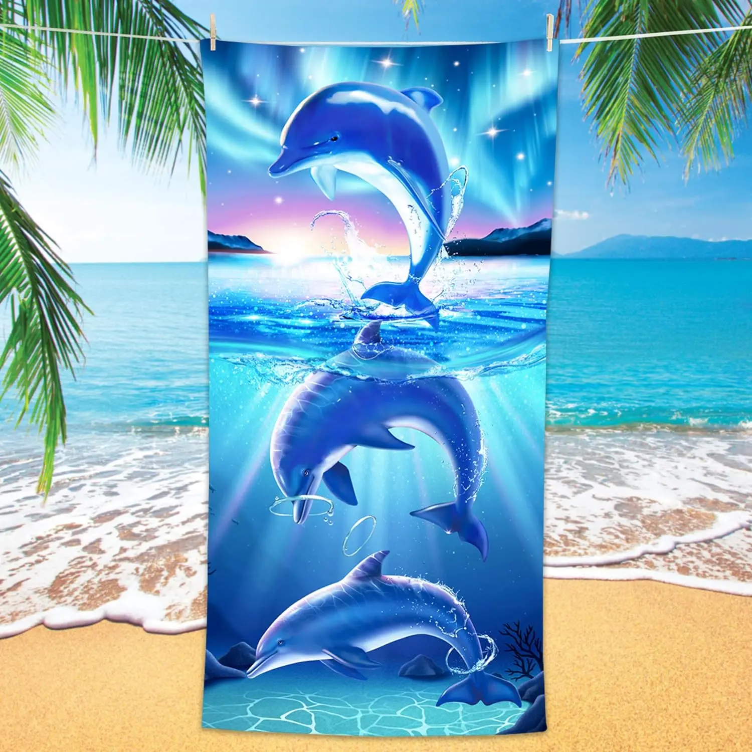 Cute ocean dolphin themed bath towel, fun animal cartoon beach towel for boys and girls swimming on the beach