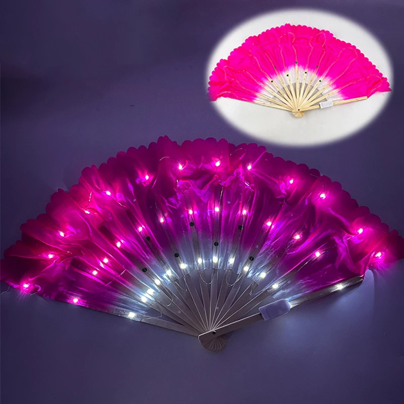 13inches Short Silk Belly Dance LED Light Silk Hand Fan Glowing Dance Fan Performance Stage Props Belly Dancing Accessories