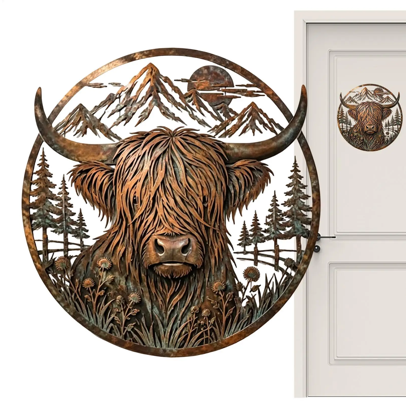 Vintage Farmhouse Metal Wall Art Mountain Cow Sign Rustic Wall Decor Indoor Metal Sign for Living Room Kitchen 30x30cm