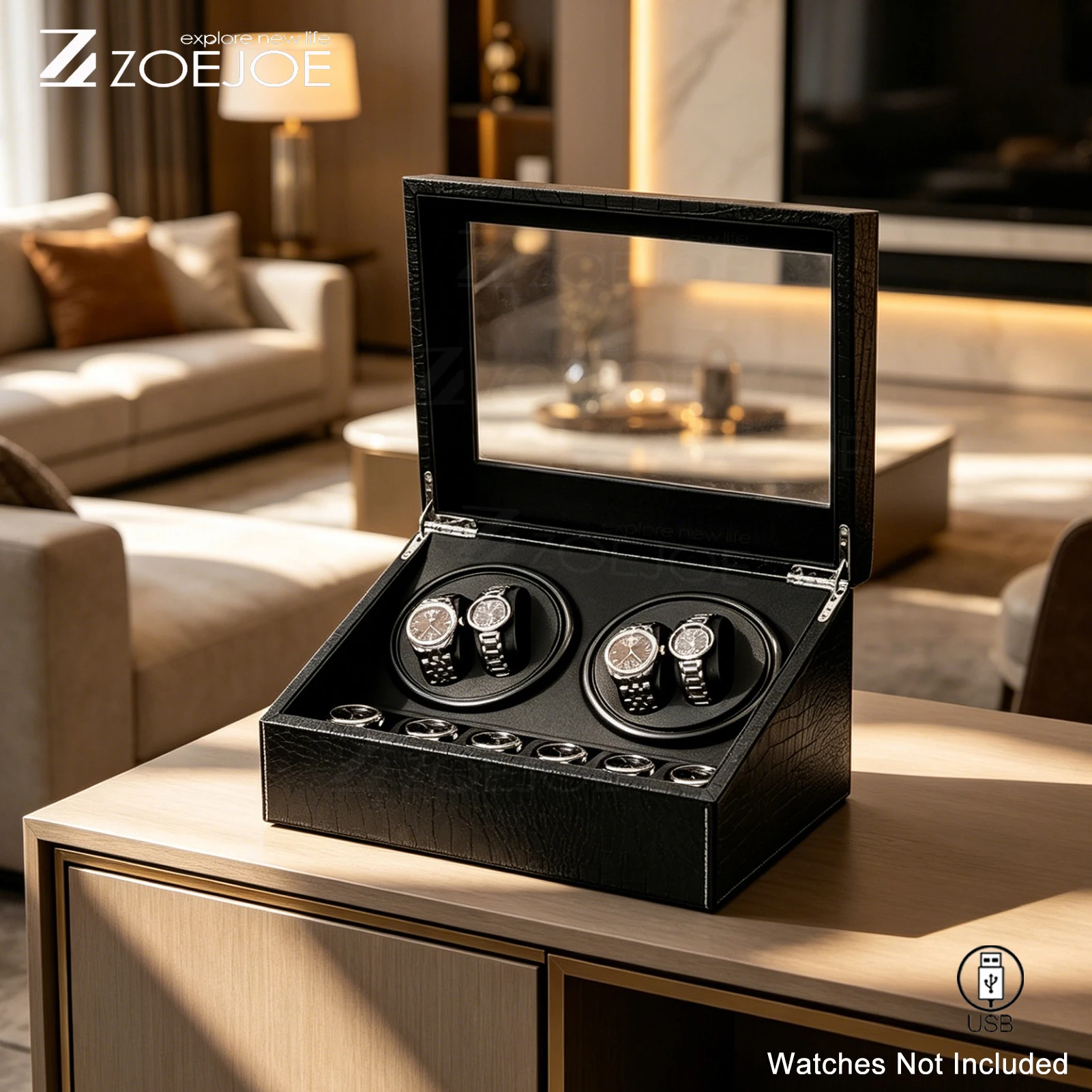 ZOEJOE Automatic Watch Winder 4 Slots 6 Watch Storage Spaces USB Cable Power Quiet Motor Low Noise Watch Winder Birthday Gifts