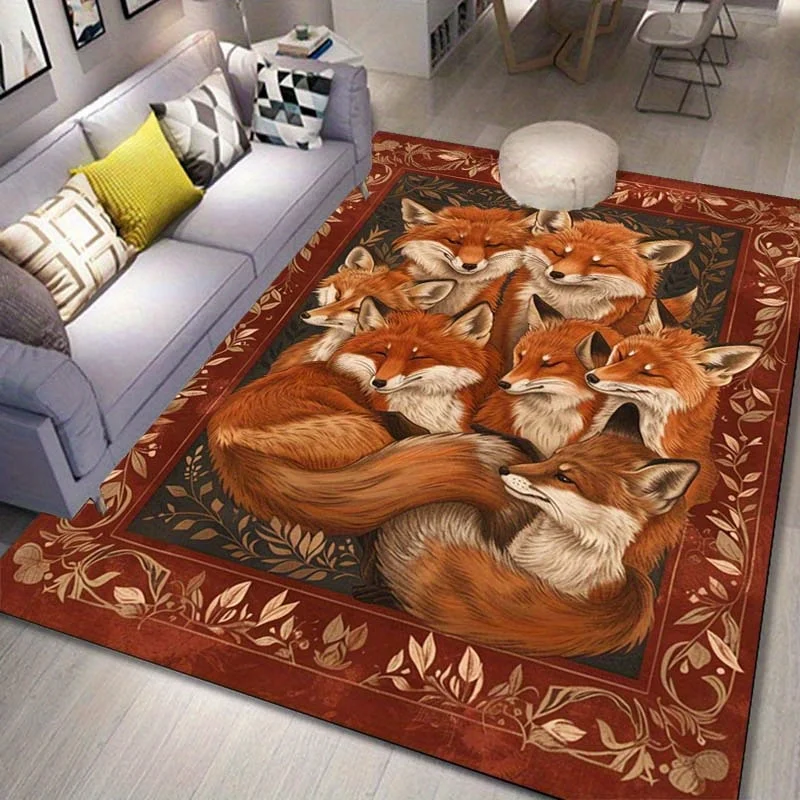 

Fox Family Rug - Cozy Living Room Carpets, Nature Themed Area Rugs, Wildlife Animal Print Home Decor Skid resistant carpet