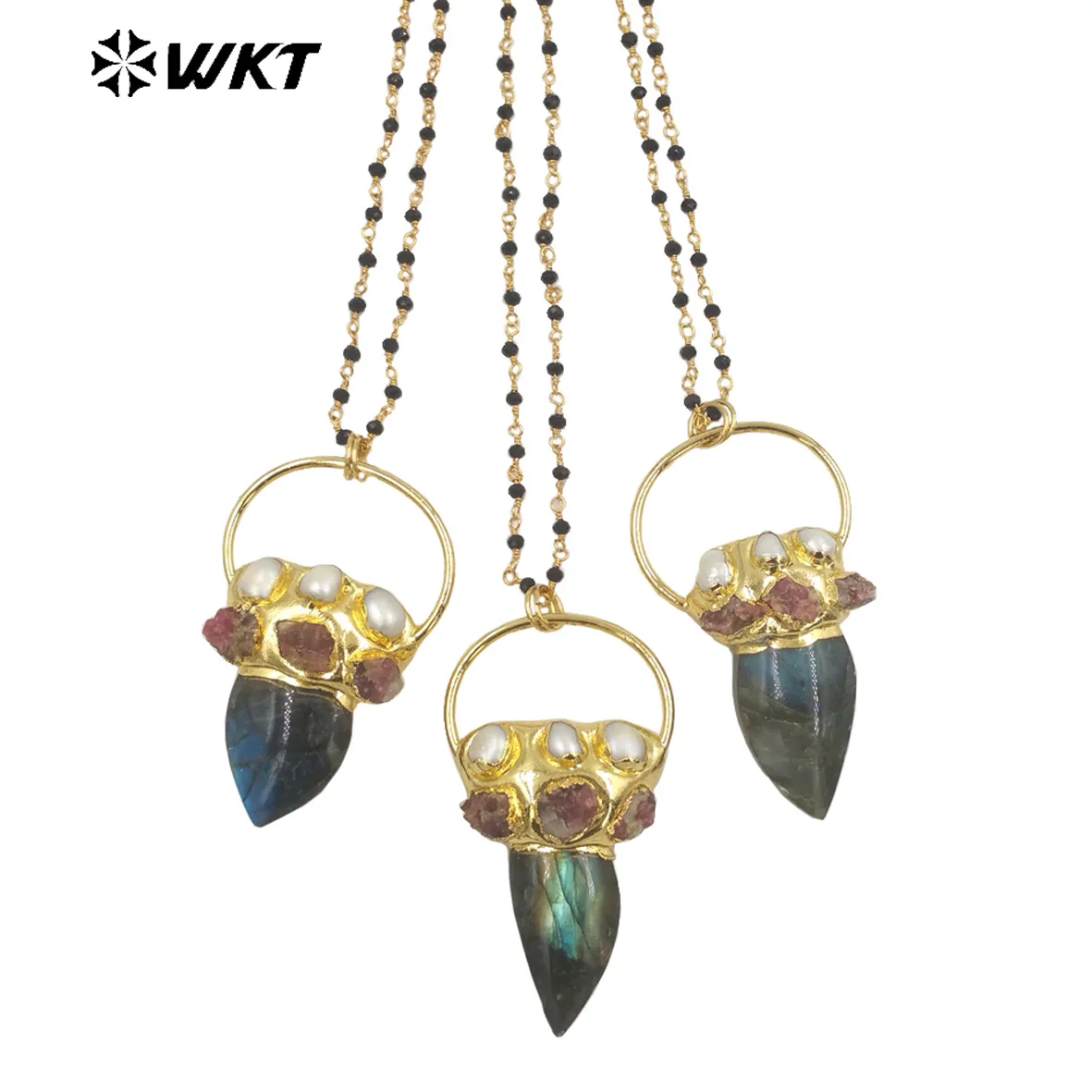 WT-N1422 Precious  high quality Natural Labradorite necklace 18k real gold rosary bead stone necklace pearl charm necklace