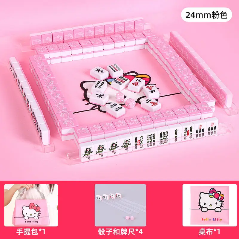 

24mm Kawaii Sanrio Hello Kitty Mahjong Set Board Game Entertainment Playing Cards Portable Mahjong Gioco Boy Girls Toys Gifts