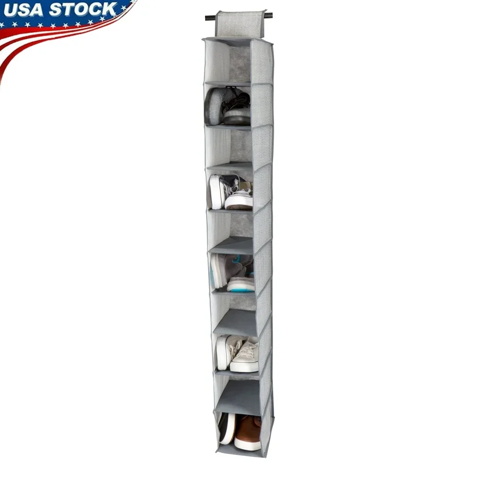 

10 Shelf Hanging Shoe Organizer Nonwoven Storage Solution Durable Foldable Closet Rack with Velcro Easy Access Grey