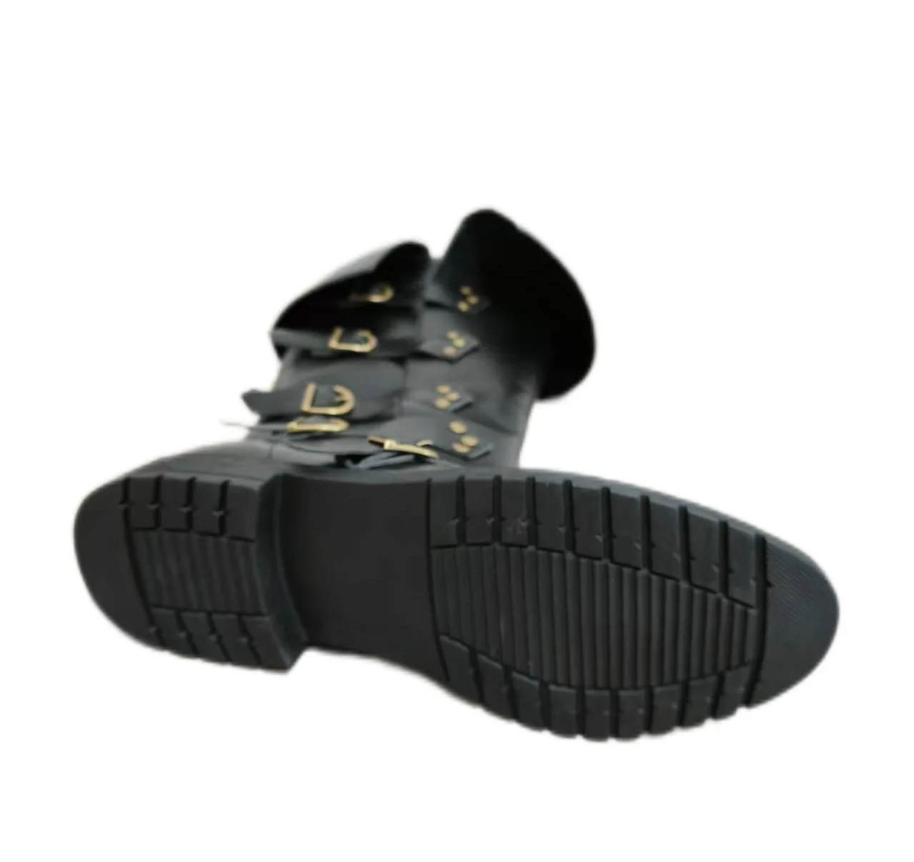Unisex Vintage Piratenstiefel mit Manschette, vier Schnallen, kniehoch, Steampunk, Halloween, Karneval, Cosplay, Bühnenkostüm, Schuhwerk – Detail 5