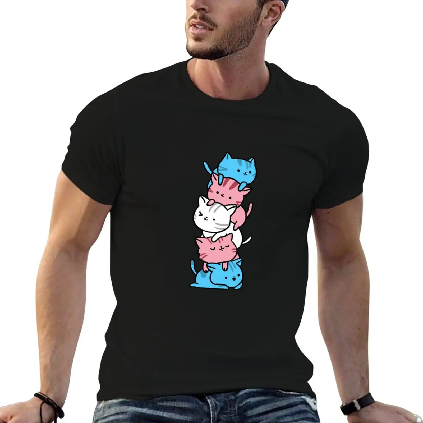 Kawaii Cat Pile Trans Pride T-Shirt anime summer tops designer t shirt men