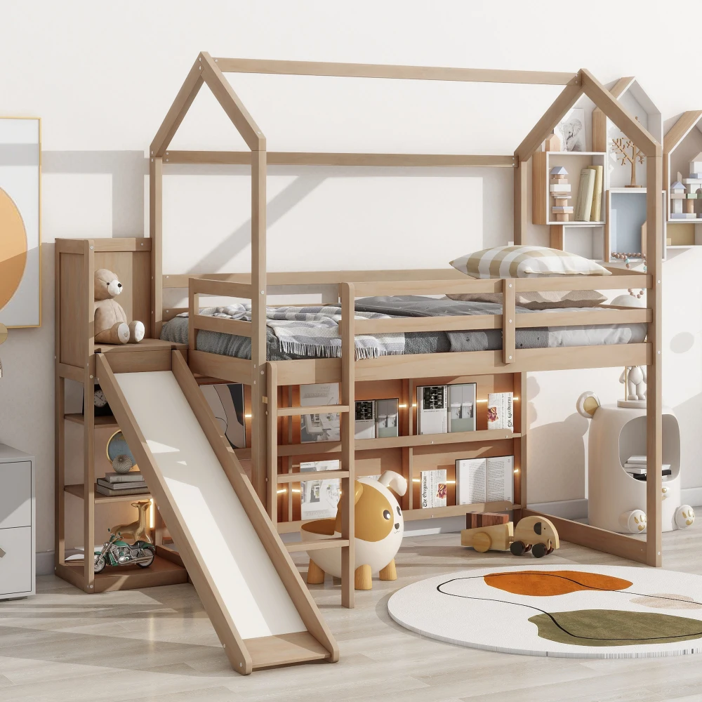 Twin Size Wood House Loft bed with Slide, Storage shelves and Light, Climbing Ramp, Wood Color