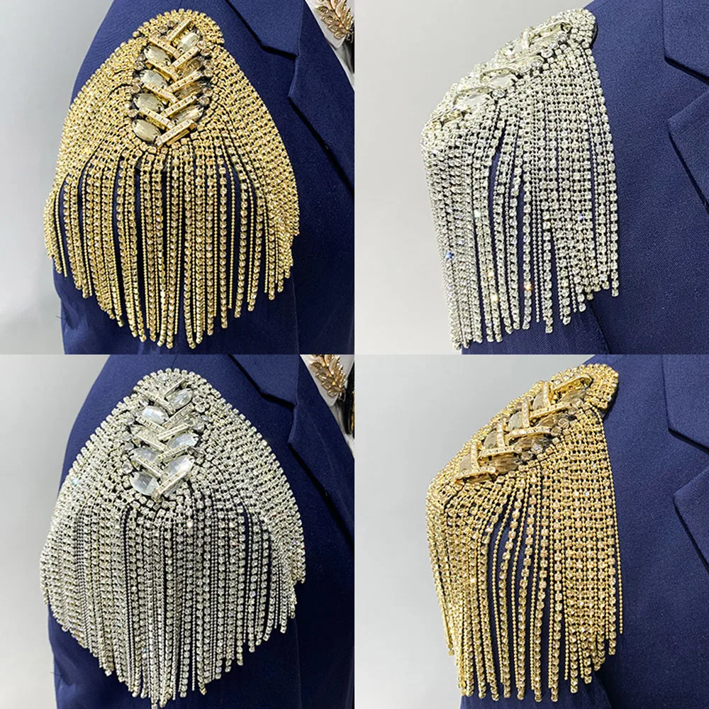 2PCS Rhinestone Tassel Shoulder Epaulets Cosplay Christmas Party Decor Shiny Chain Shoulder Badge Brooch Pins For Man Women