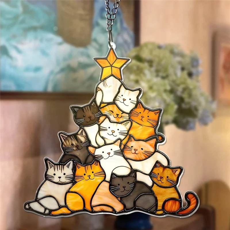 -ESTR القط شجرة عيد الميلاد Suncatcher الاكريليك مكدسة القطط شنقا زخرفة ملونة لشجرة عيد الميلاد الديكور لنافذة