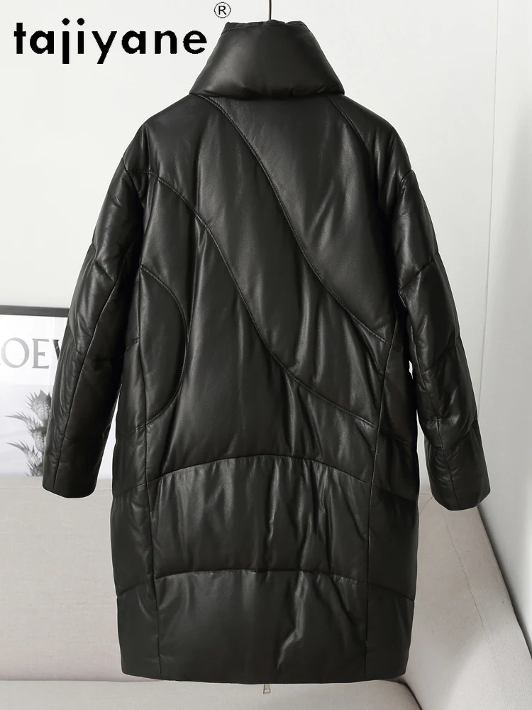 TAJIYANE 100% سترة منتفخة من جلد الغنم الحقيقي للنساء معطف طويل أبيض من ريش الإوز سترات من الجلد الطبيعي 2025 ملابس نسائية duбlenка