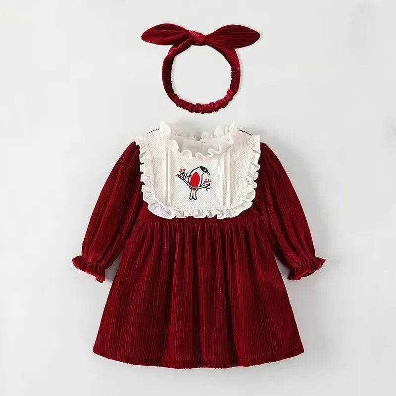 

Newborn BabyGirl Cotton Red Fleece Inside Corduroy Dress+Hairhand Child Ruffle Embroidery Warm Winter Suit Festival Clothes 0-2Y