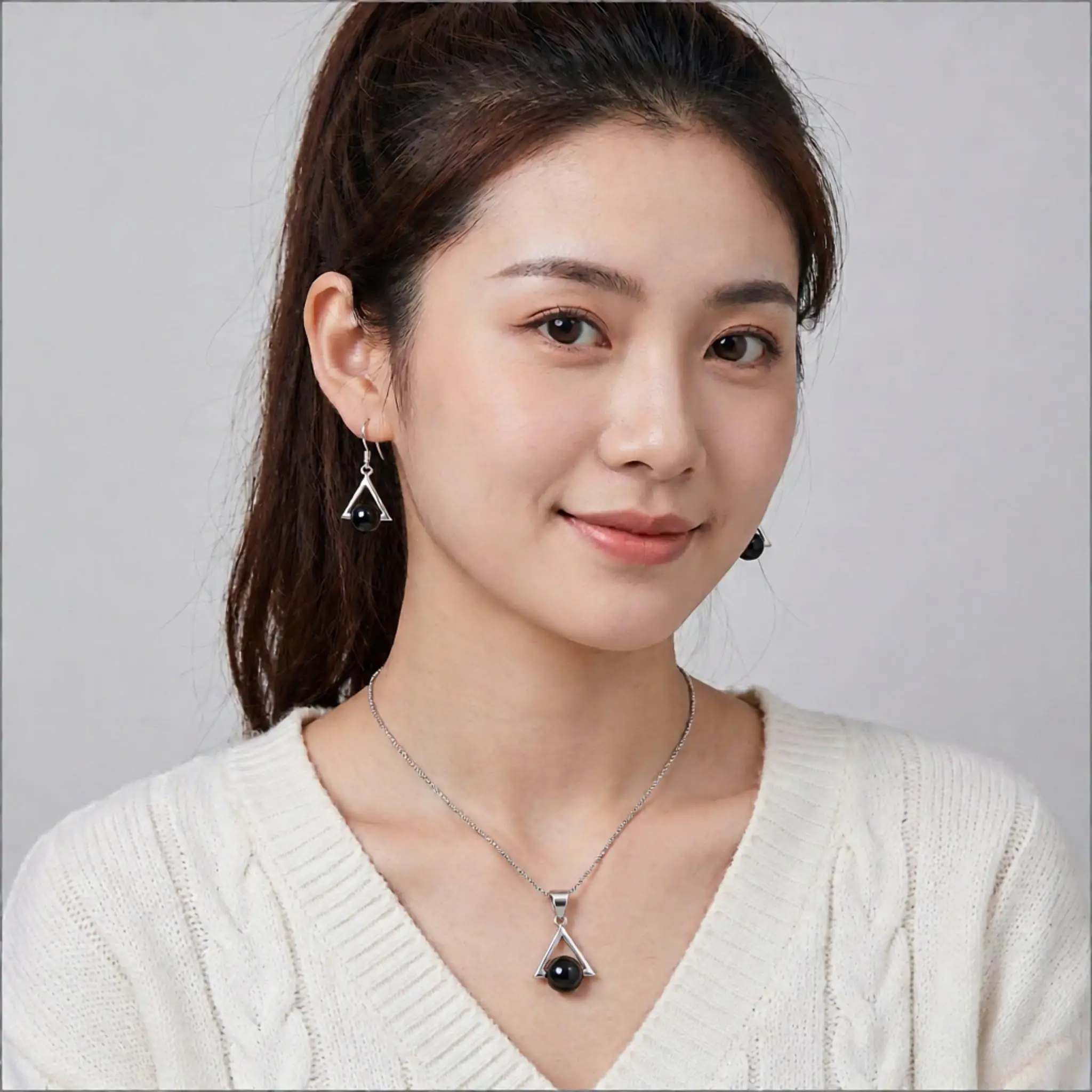 Simple 925 Sterling Silver Triangle Black Ball Necklace Drop Earrings Set For Women Girls Anniversary Party Fashion Jewelry Gift