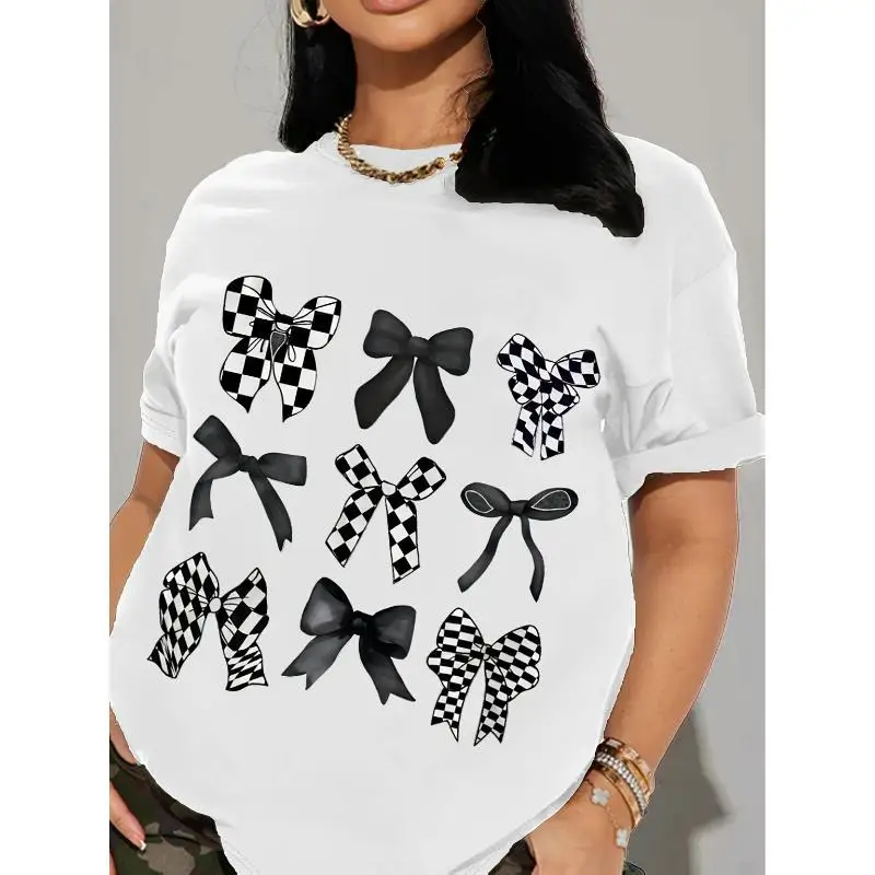 

Unisex Checkered Bow T-shirt Men Women Plaid Bowknot Graphic Tee Aesthetic Streetwear Top