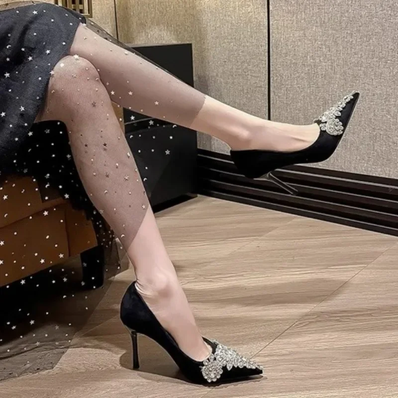Autumn Fashion Women Shoes Velvet Thin Heel Pointed Toe Pumps Luxury Bling Sandals Wedding Party Glitter Diamonds High Heels