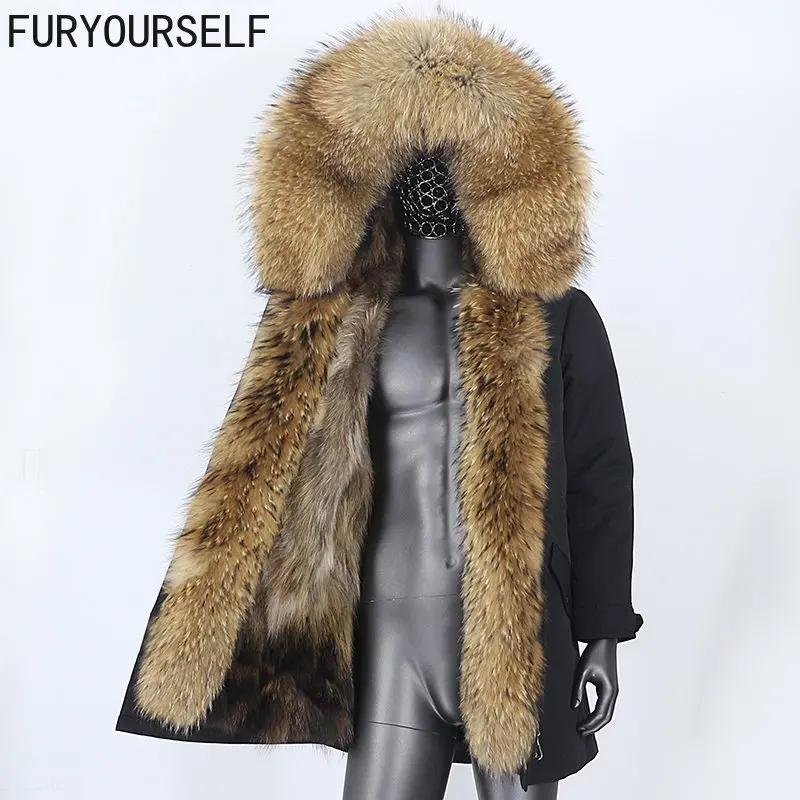 

FURYOURSELF 2023 Winter Jacket Men Long Waterproof Parka Natural Real Raccoon Fox Fur Coat Collar Hooded Thick Warm Streetwear