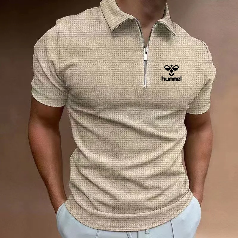 2024 Summer New Hot Selling Brand HUMMEL Men's Zipper Waffle Polo Shirt Waffle Short Sleeve Casual T-shirt Men Thin Multi-color