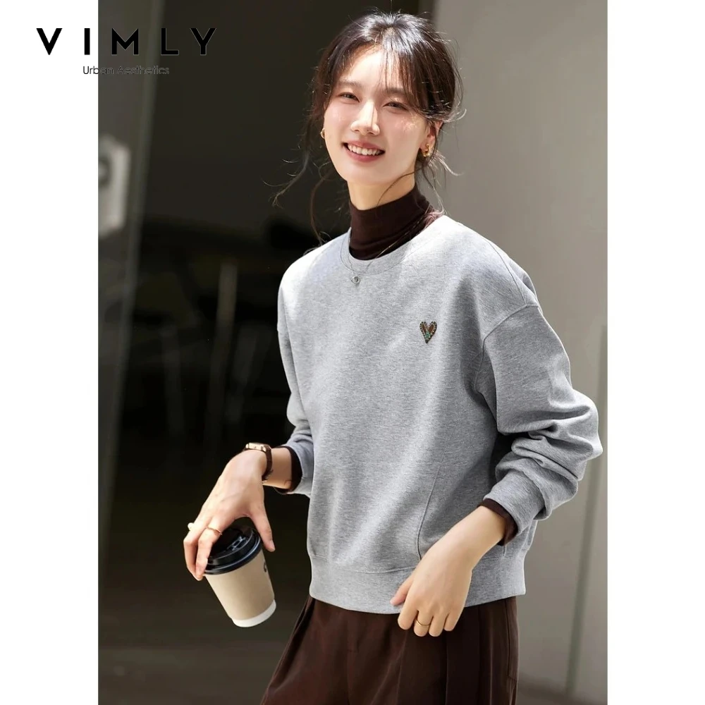 

VIMLY Women's Short Sweater Round Neck Gary Clothes Casual 2026 Autumn Knit Long Sleeve Female Sweatshirts Pulls Femmes A2062