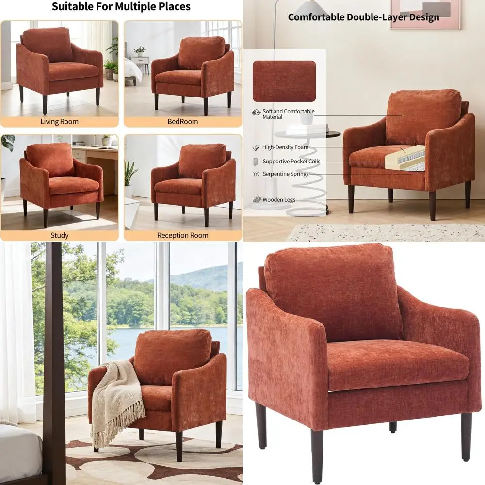 

Mid-Century Modern Side Chair, Chenille Fabric, Curved Armchair for Adults, Comfortable Reading Chair, Cloud-Inspired Single Sof
