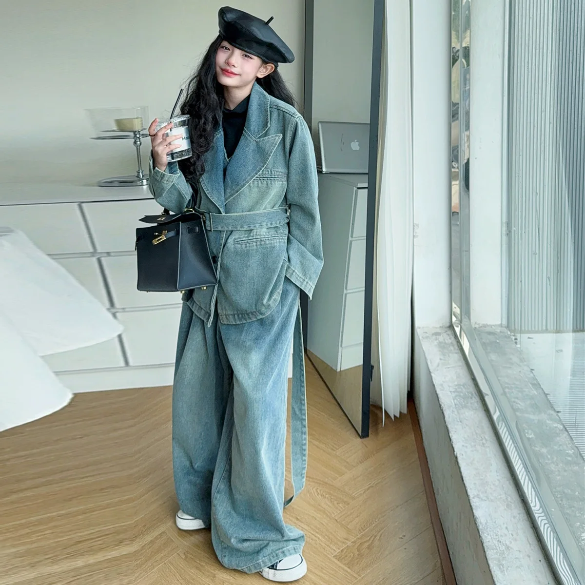 

Корейский комплект из 2 предметов для девочек-юниоров, осеннее пальто с отложным воротником для девочек, лоскутное пальто, детские джинсы с широкими штанинами для девочек, джинсовый комплект для девочек от 4 до 14 лет