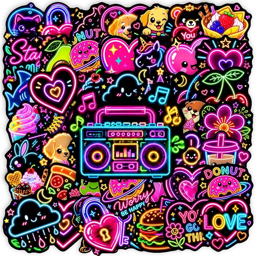 10/30/50pcs Funny Cute Neon Light Animal Flower Stickers Kawaii Cartoon Sticker DIY Notebook Water Bottle Phone Decals Wholesale