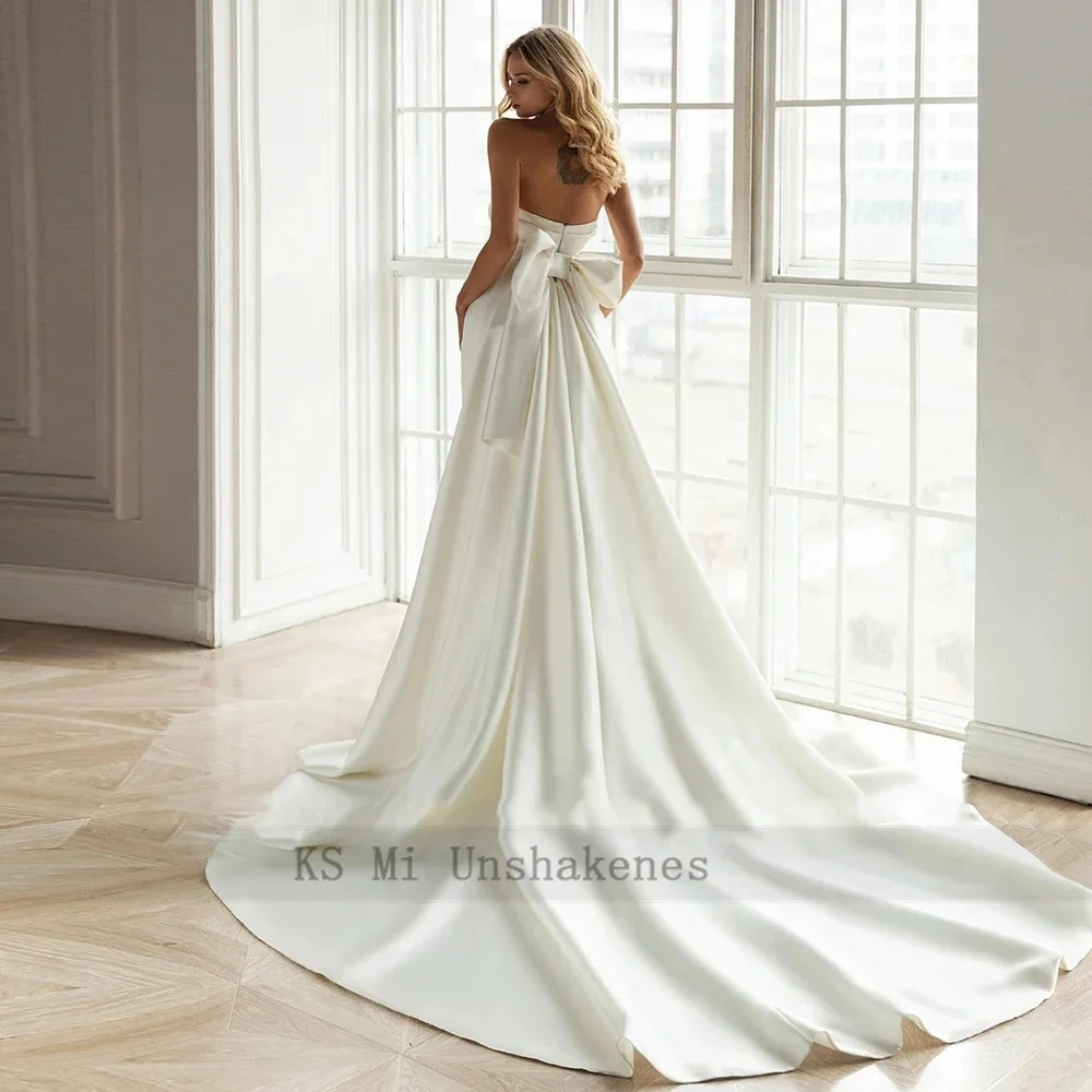 Elegant Ivory Satin Wedding Dresses 2025 Strapless Long Train Bridal Dress Bow Vestido De Noiva Customized Mermaid Wedding Gowns