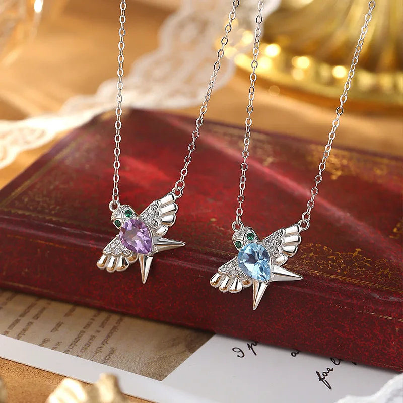 Luxury S925 Sterling Silver Swallow Birthstone Necklace Teardrop Amethyst Topaz Citrine Peridot Garnet Dainty Chain For Her Gift