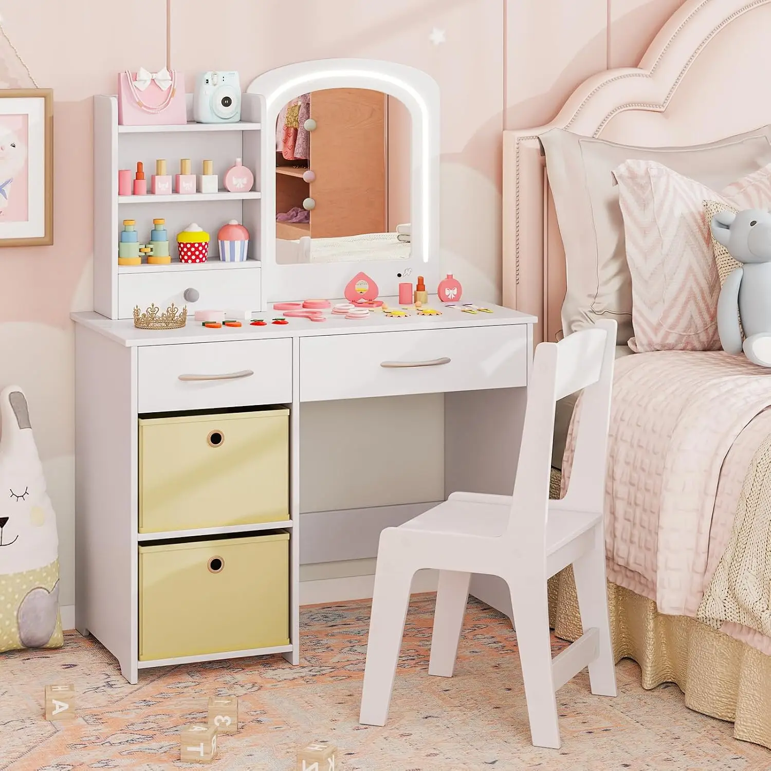 Kids Vanity with Lights, Princess Makeup Dressing Desk with Mirror and Stool, Storage Drawers, Shelves, Vanity, Customized