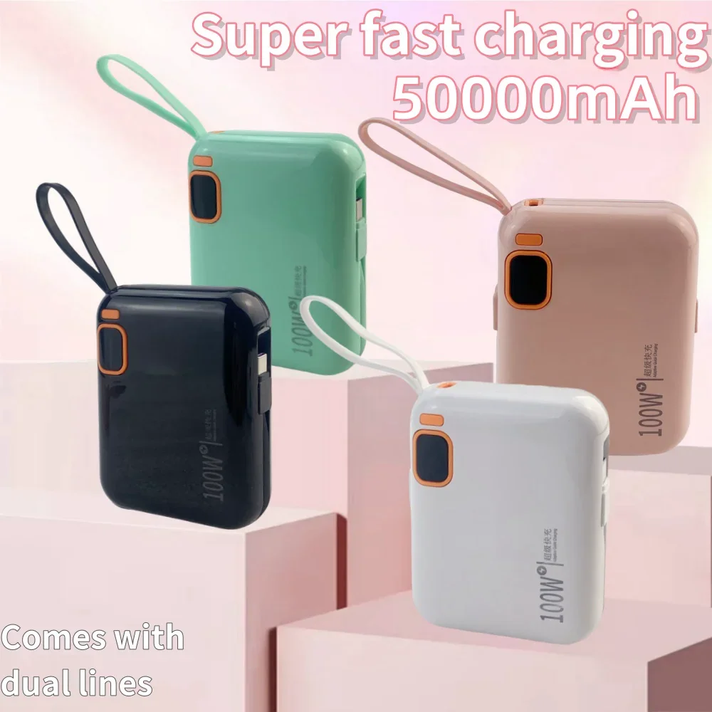 50000mAh Portable Power Bank 100W Detachable USB to TYPE C Cable Two-way Fast Charger Mini Powerbank for iPhone Xiaomi Samsung