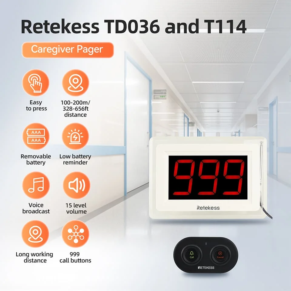 Retekess Caregiver Pager Wireless Nurse Call Alert System T114 Display Receiver TD036 Call Buttons For Clinic Nursing Home