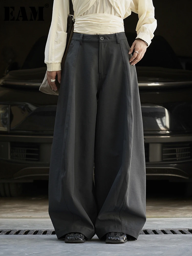 [EAM] pantalones largos elegantes de pierna ancha con bolsillo breve gris oscuro de cintura alta nuevos pantalones de moda para mujer tendencia primavera otoño 2025 1DJ3191