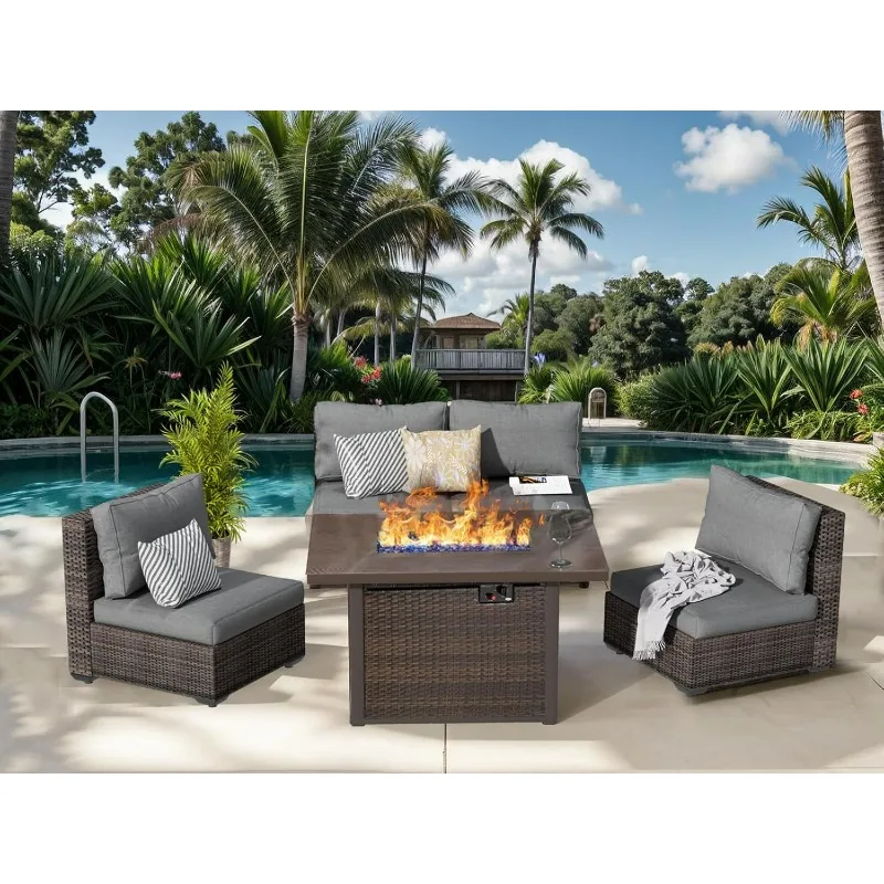 

5 PCS Patio Furniture Set with Fire Pit Table, Outdoor Furniture Sets Rattan Sectional Couch Outdoor Chairs for Lawn, Poolside