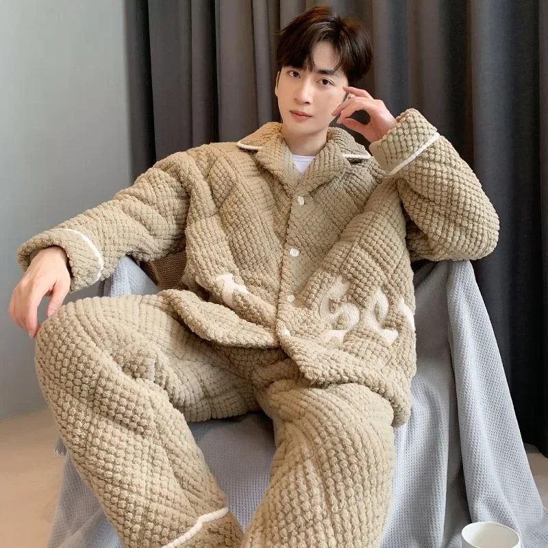 

New Winter Three-Layer Quilted Men Pajamas Suit Fleece-lined Thicken Coral Fleece Warm Nightclothes Teenagers Homewear Sets 2025