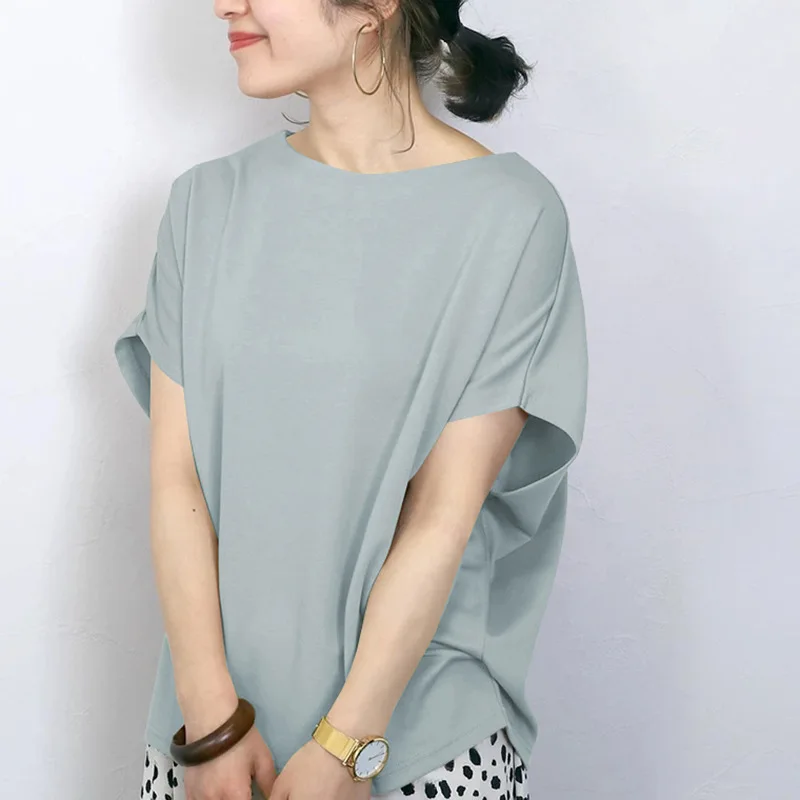 تي شيرت صيفي جديد بأكمام قصيرة للنساء، أكمام خفاش فضفاضة، رقبة دائرية، بلوزة كاجوال من القطن بلون سادة، التجارة الخارجية #2