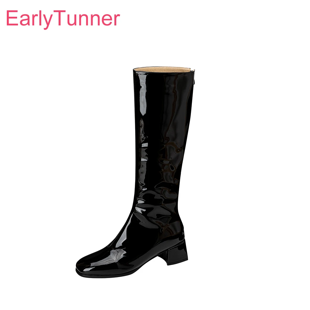 

2025 Новые зимние удобные черно-белые женские сапоги до колена на среднем квадратном каблуке, женская обувь плюс маленький большой размер 32 42 46