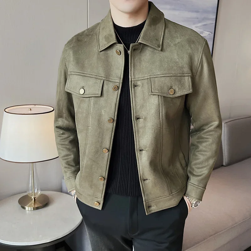 Autumn Winter Men\'s Suede Jacket Thick Casual Business Windproof Jacket Slim Fit Social Streetwear Windbreaker Coat Men Clothing