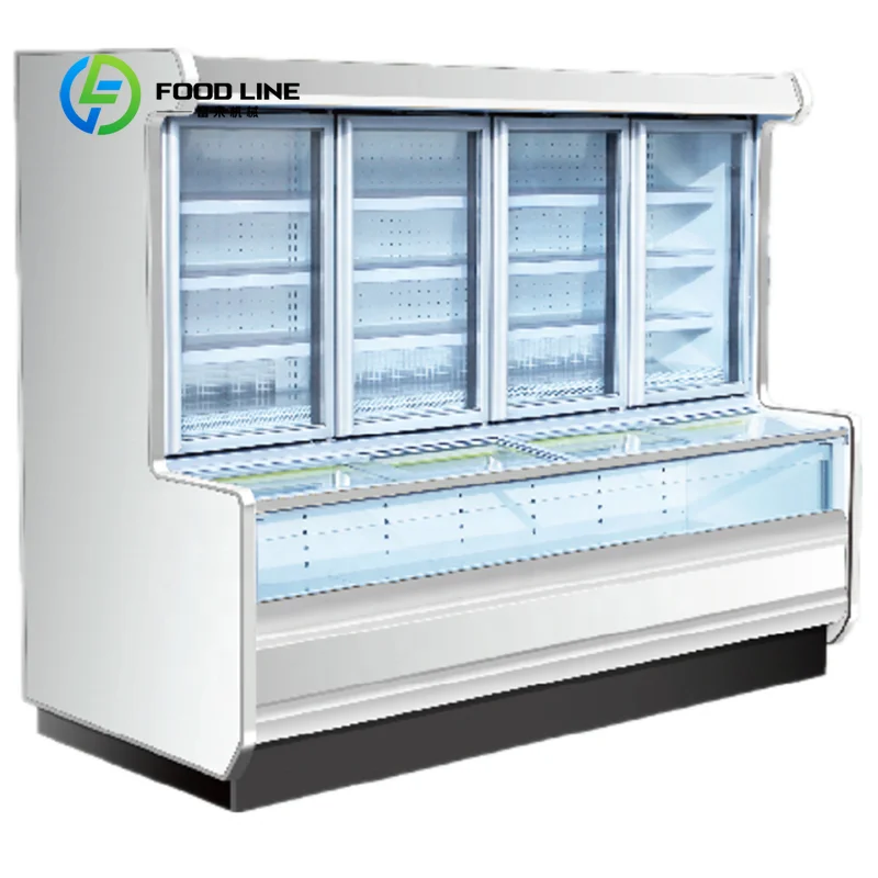 Customized size Supermarket displays glass door freezer semi fridge combination refrigerator cooler and freezer