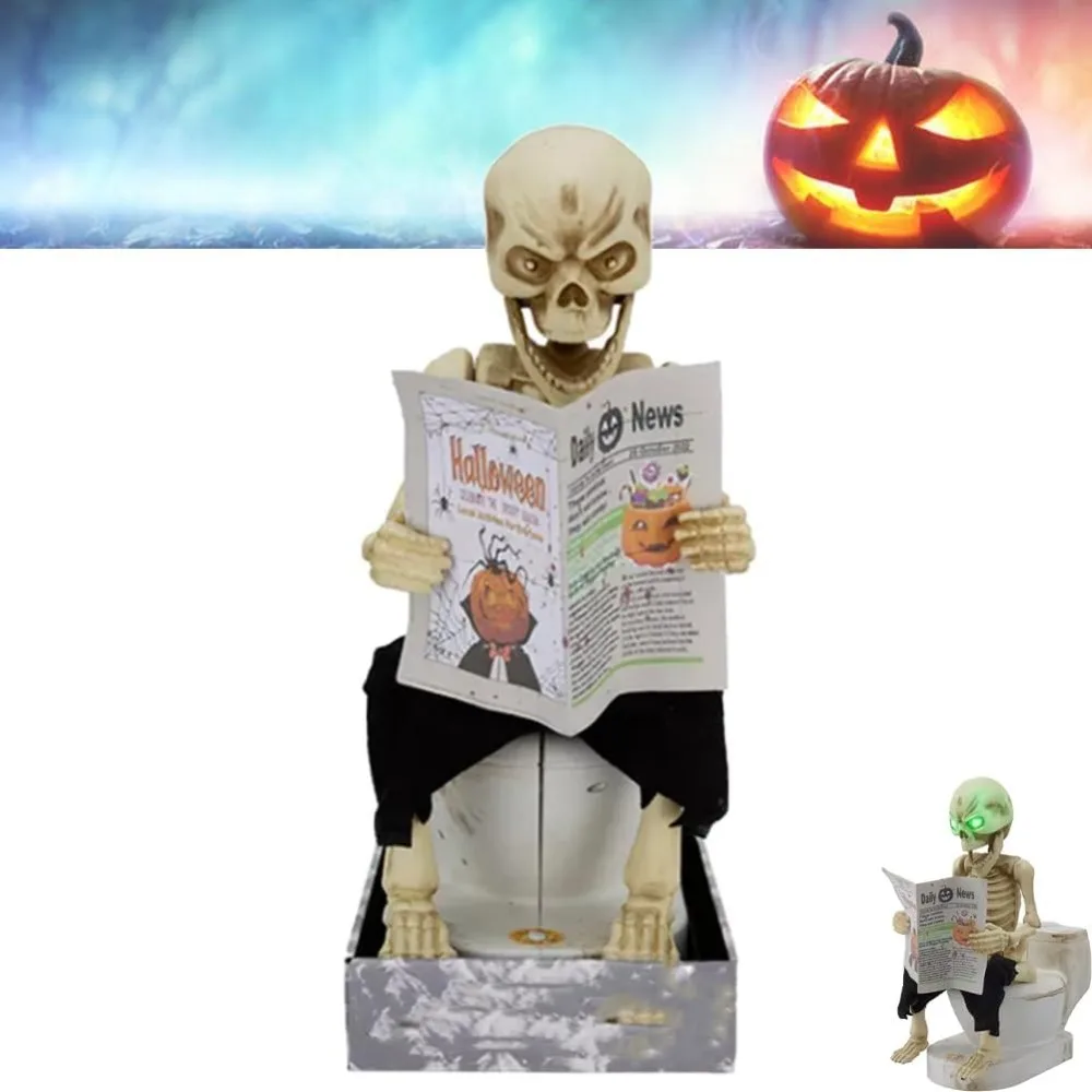 

Reading Newspapers Farting Skeleton on Toilet Skull Decoration Sitting On The Toilet Potty Skeleton Animated Decor Spooky