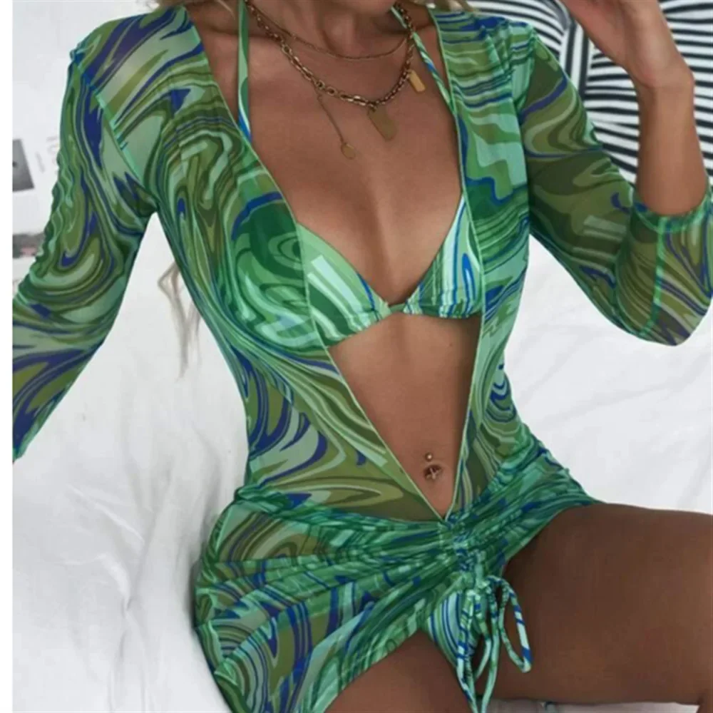 3 Pack Bikini Swimsuit With Shirt Cover Up Sets Women Halter Three Pieces Printed Lace Up Triangle Ruched Mesh Swimwear