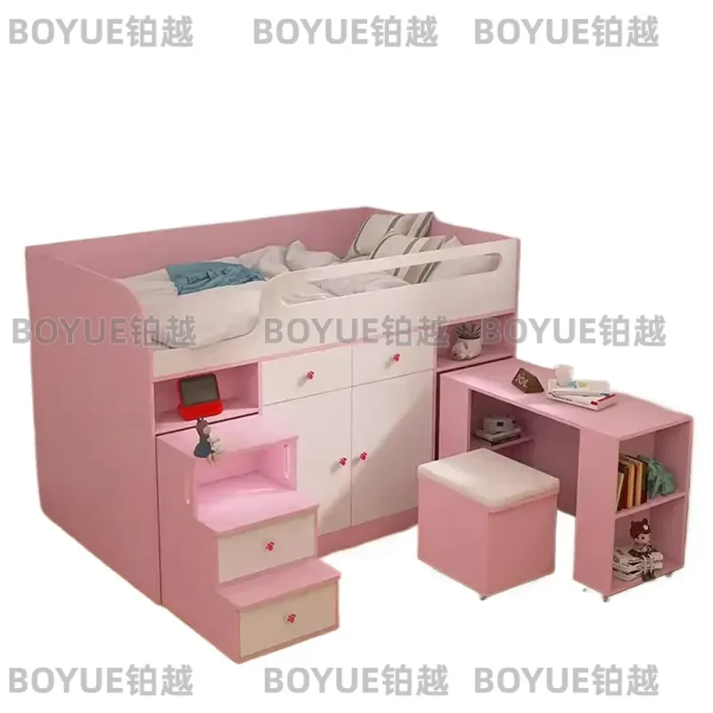 Solid Wood Half Height Bed with Desk and Wardrobe Tatami Loft Bunk for Girls Small Apartment Space Saving Bedroom Furniture