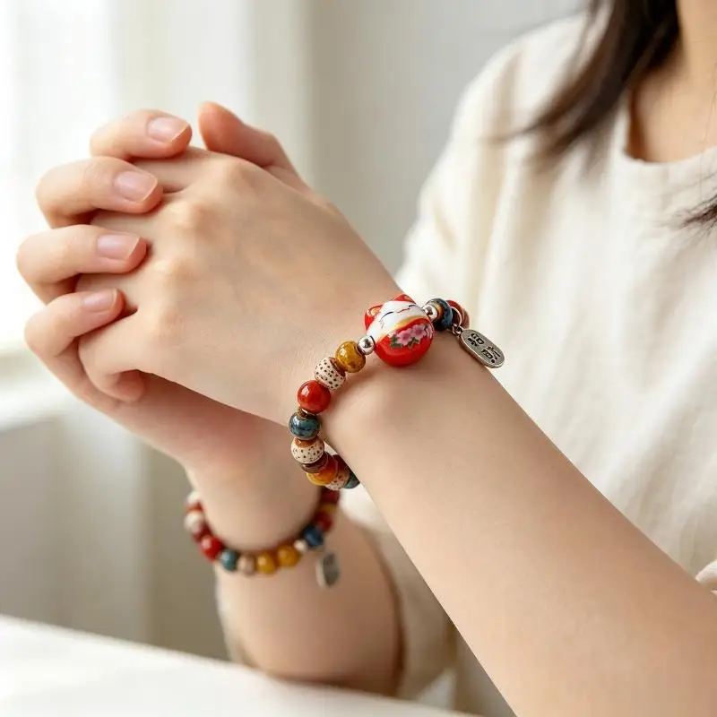 [YY35]【xxx】Cute Lucky Cat Bracelet For Girls Adjustable Colorful Beaded Harajuku Ceramic Cat Pendant Charm Jewelry[ZN]
