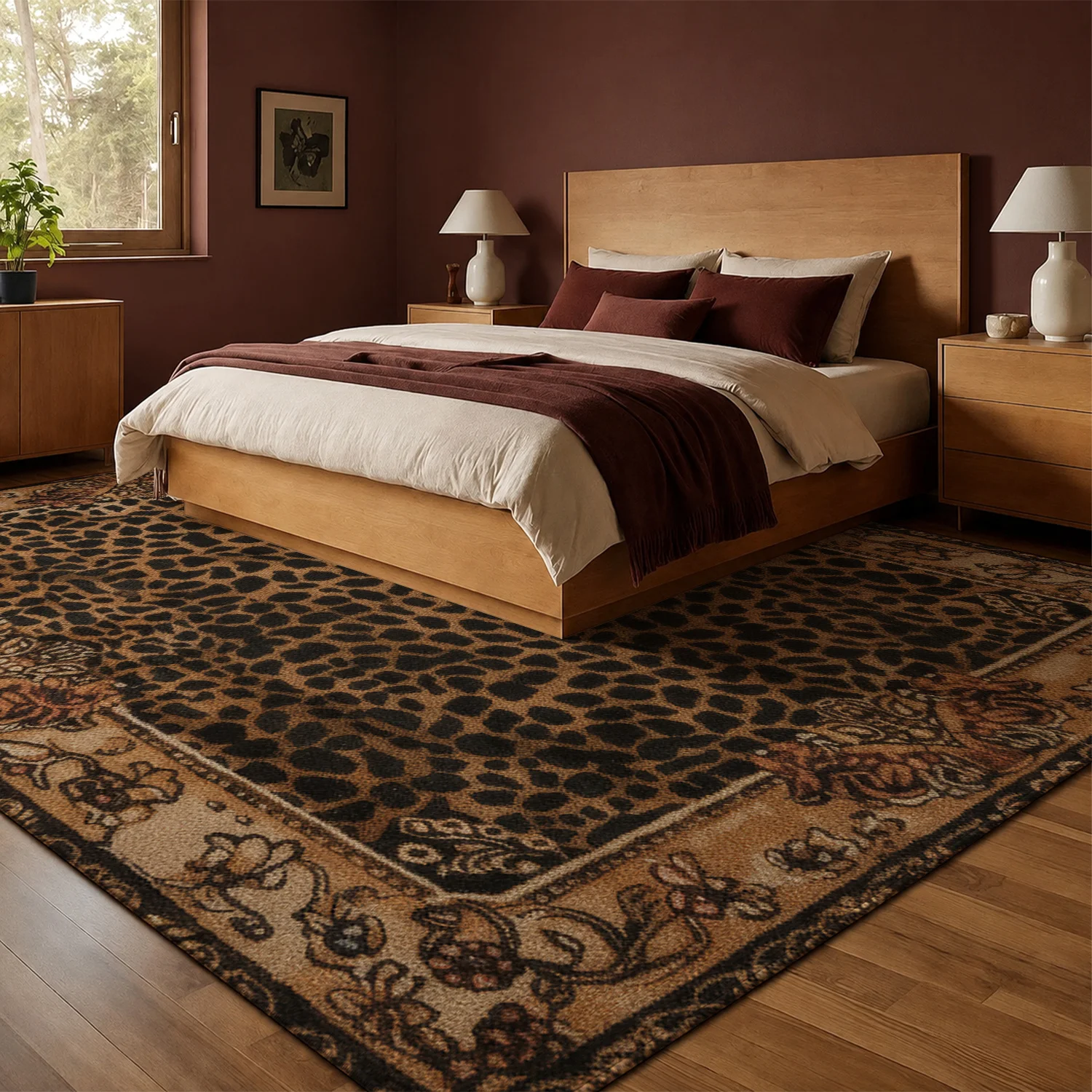 Large Indoor Leopard Print Area Rug, Soft Velvet Low Pile Non-Slip Dotted Backing Machine Washable Floor Rug for Living Room Bedroom, Vintage Ornate Border Home Decor