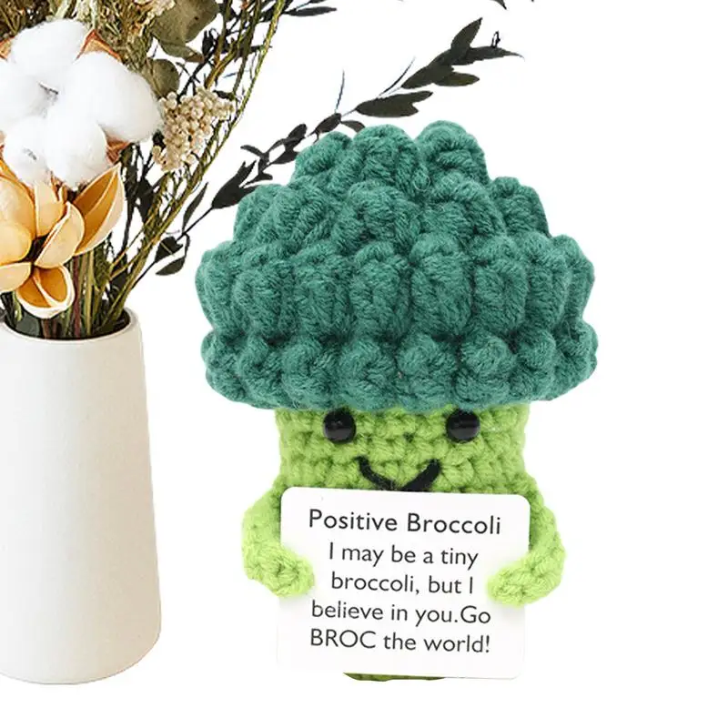 1Pcs Positive Crocheted Vegetable with Encouraging Card Emotional Support Handmade Knitting Broccoli Toy Doll Kids Adult