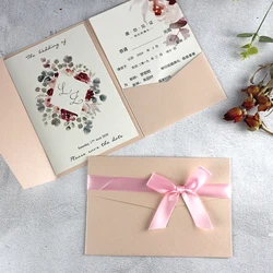 25 Set Tri-fold Pocket Pink Wedding Invitation Card Overseas Chinese Engagement XV Birthday Baptism Simple Invitations IC160