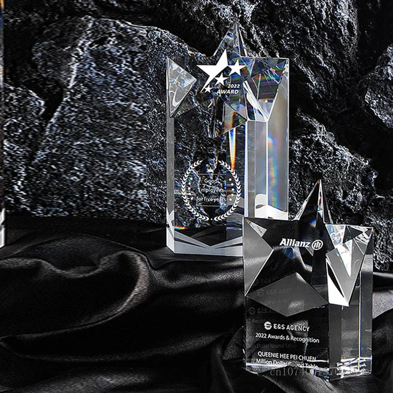 Customized Square Column Pentagram Award Crystal Trophy Enterprise Excellent Employee Home Decoration Honor Etiquette Medal, 1Pc