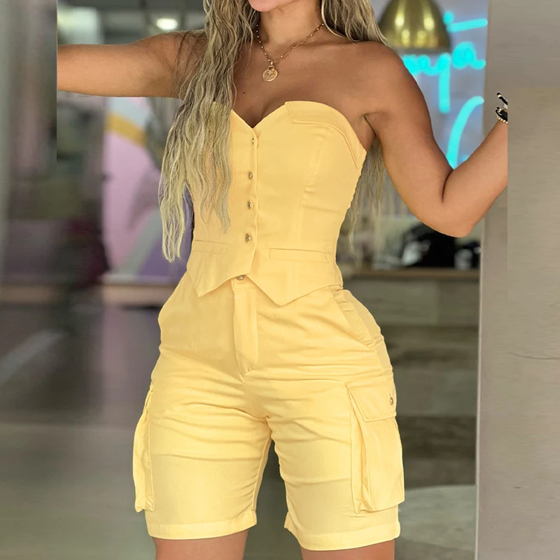 

Women Sexy Strapless Vest 2pcs Set Spring Button Tube Tops+High Waist Shorts Outfit Summer Solid Hollow Out Casual Suit Harajuku