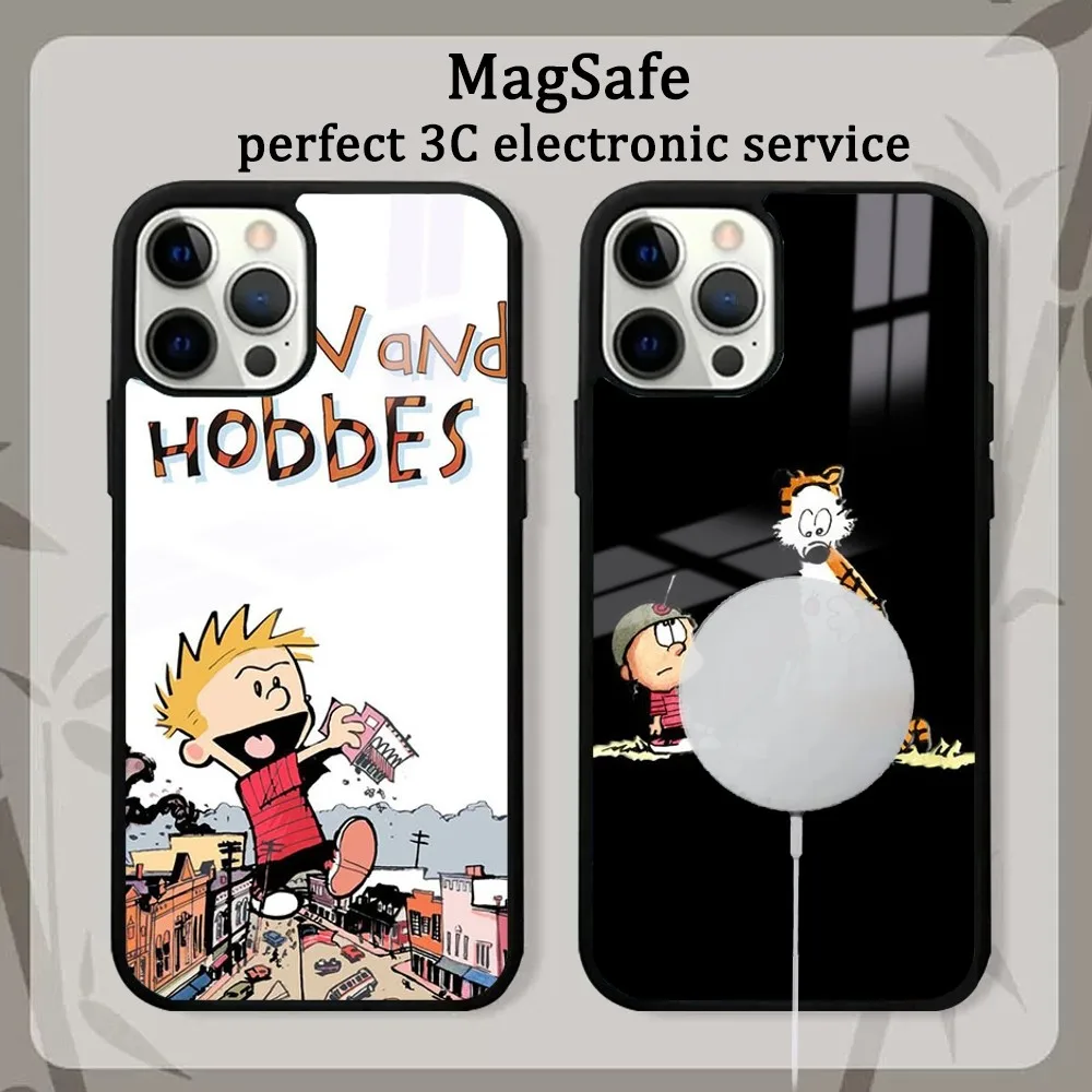 Cartoon C-Calvin And H-Hobbes Phone Case For iPhone 16 15 14 13 12 11 Pro Max Plus Mini Magsafe Mirror Wireless Magnetic Cover