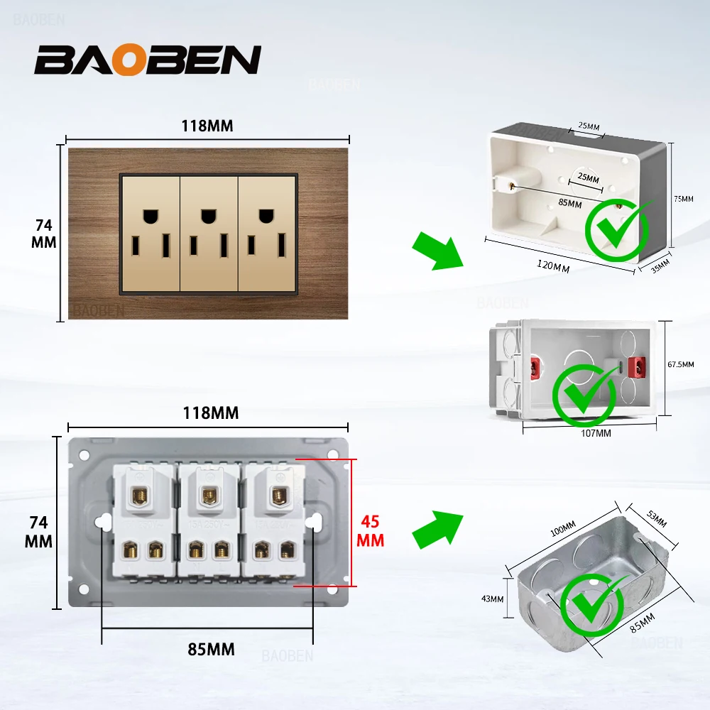 BAOBEN Goud Aluminium Houtnerf USb-C US Standaard Socket Mexico US Plug 118*72mm Stopcontact lichtschakelaar Contact